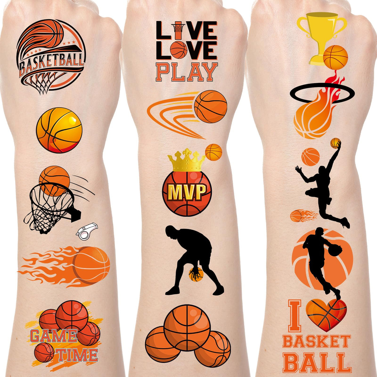 Tatouages Yoyuspy basket-ball – feuille complète pour décor de fête sportif.