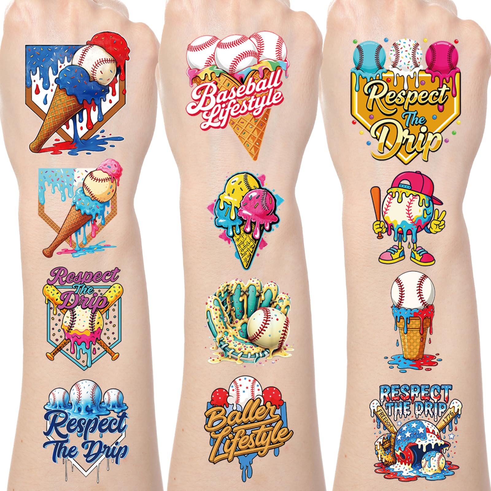 Tatouages baseball Yoyuspy sur 8 feuilles pour décor et cadeaux sportifs.