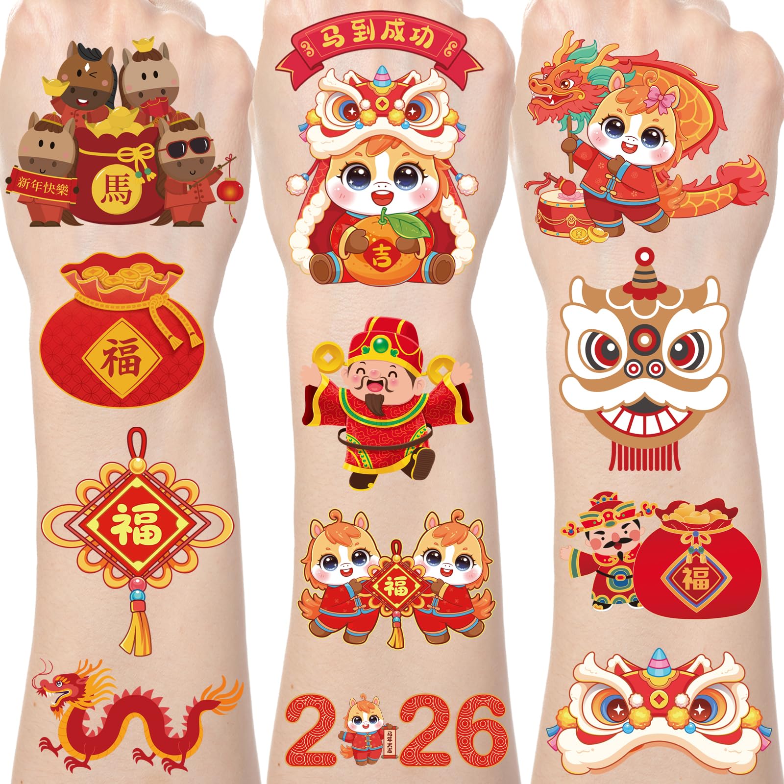 Tatouages temporaires Yoyuspy, ensemble de 8 feuilles pour un décor festif du Nouvel An chinois.