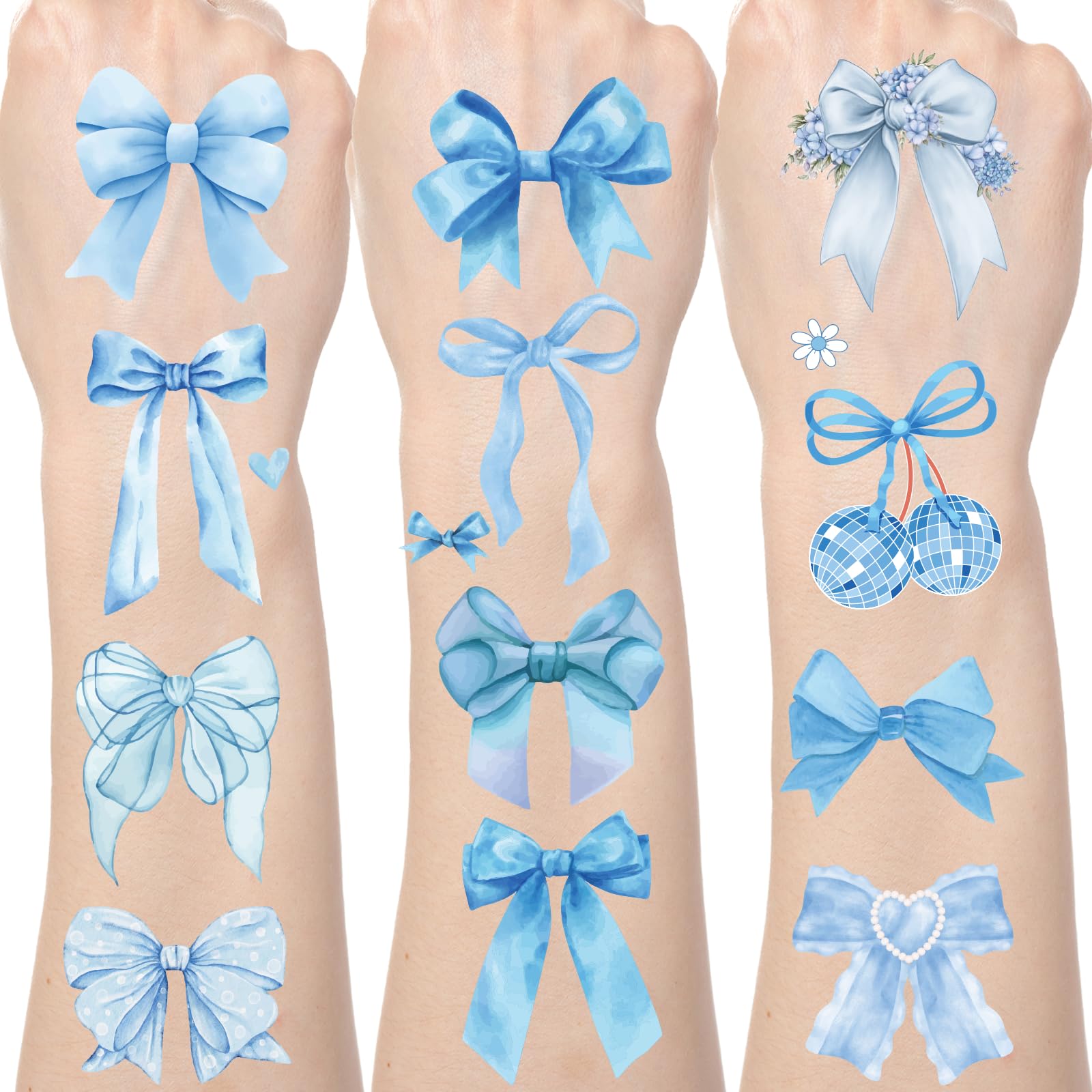Tatouages temporaires Yoyuspy nœud bleu – 8 feuilles pour décorations festives.