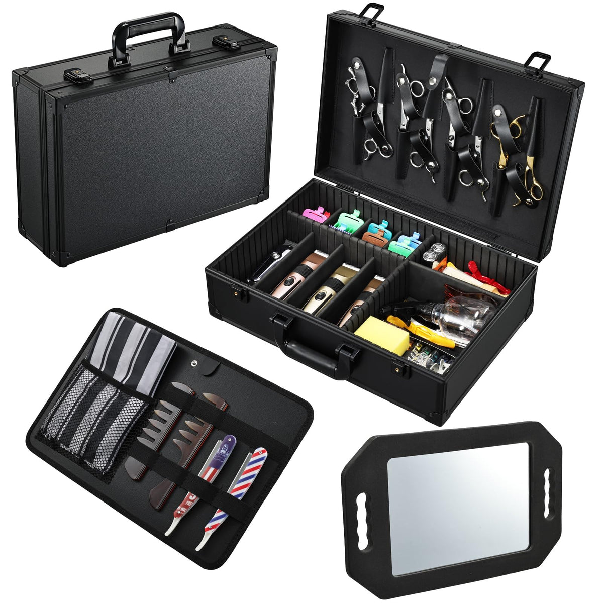 Le Yueieoun Coffre-accessoires barbier avec miroir facilite le rangement et la présentation client.