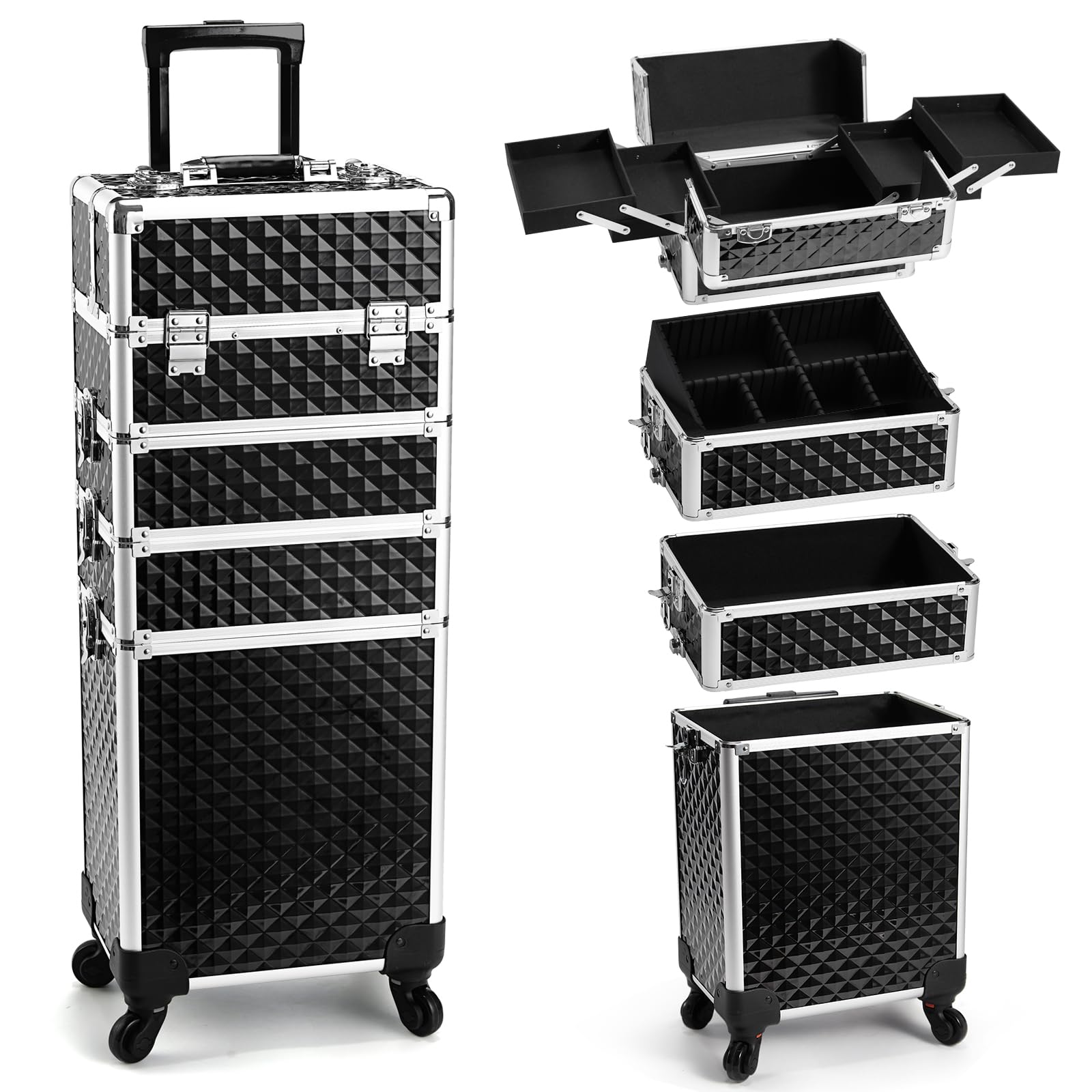 Yueieoun coffret-maquillage-roulant-4-en-1, rangement pratique pour professionnels et voyageurs.