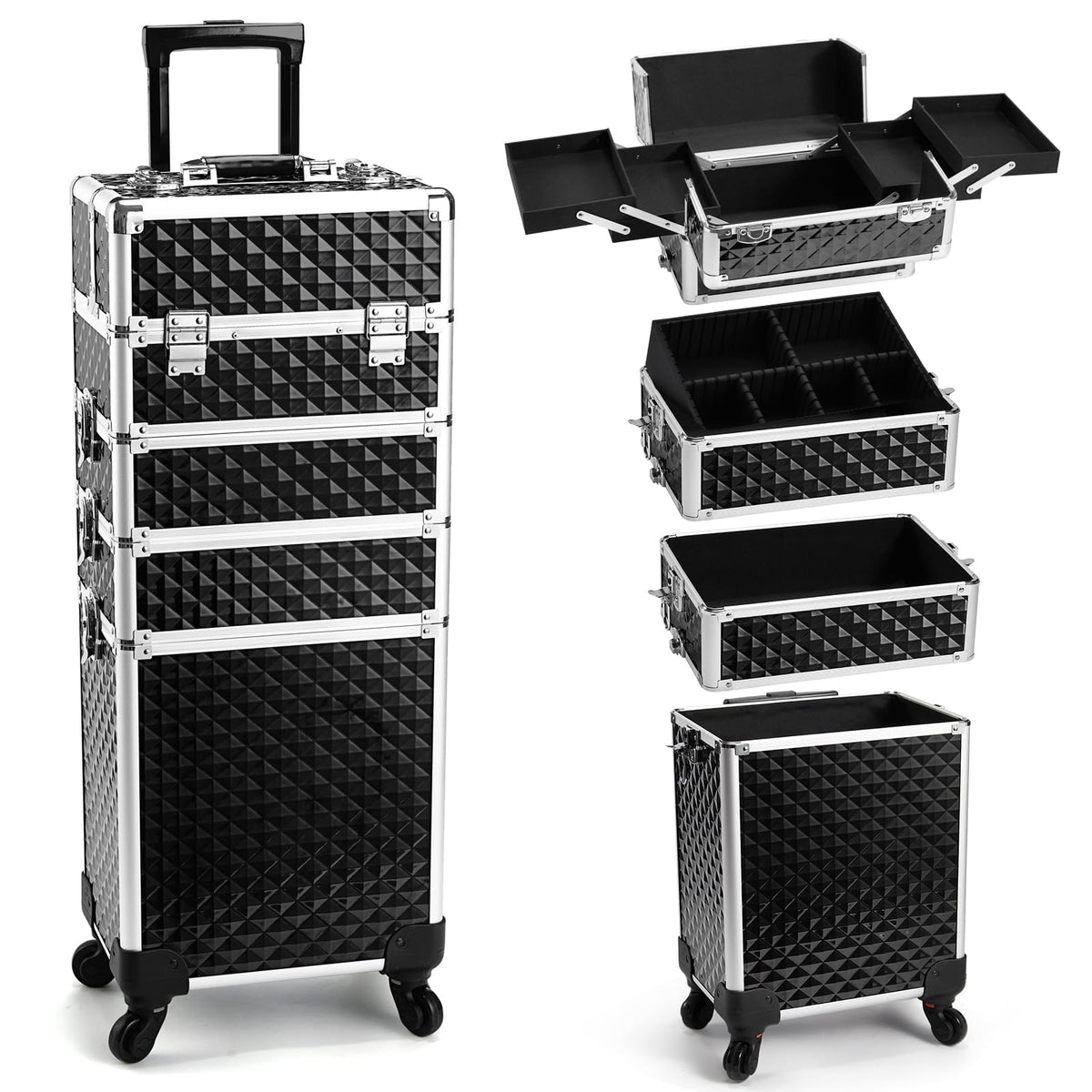 Yueieoun coffret-maquillage-roulant-4-en-1, rangement pratique pour professionnels et voyageurs.