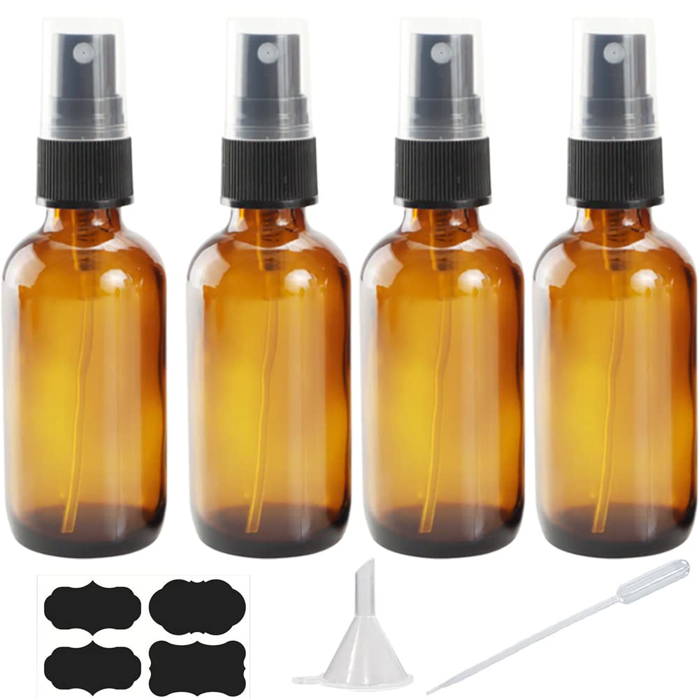 Bouteille spray en verre ambré YUNFOOK 4oz avec entonnoir et goutteur, idéale pour huiles essentielles.