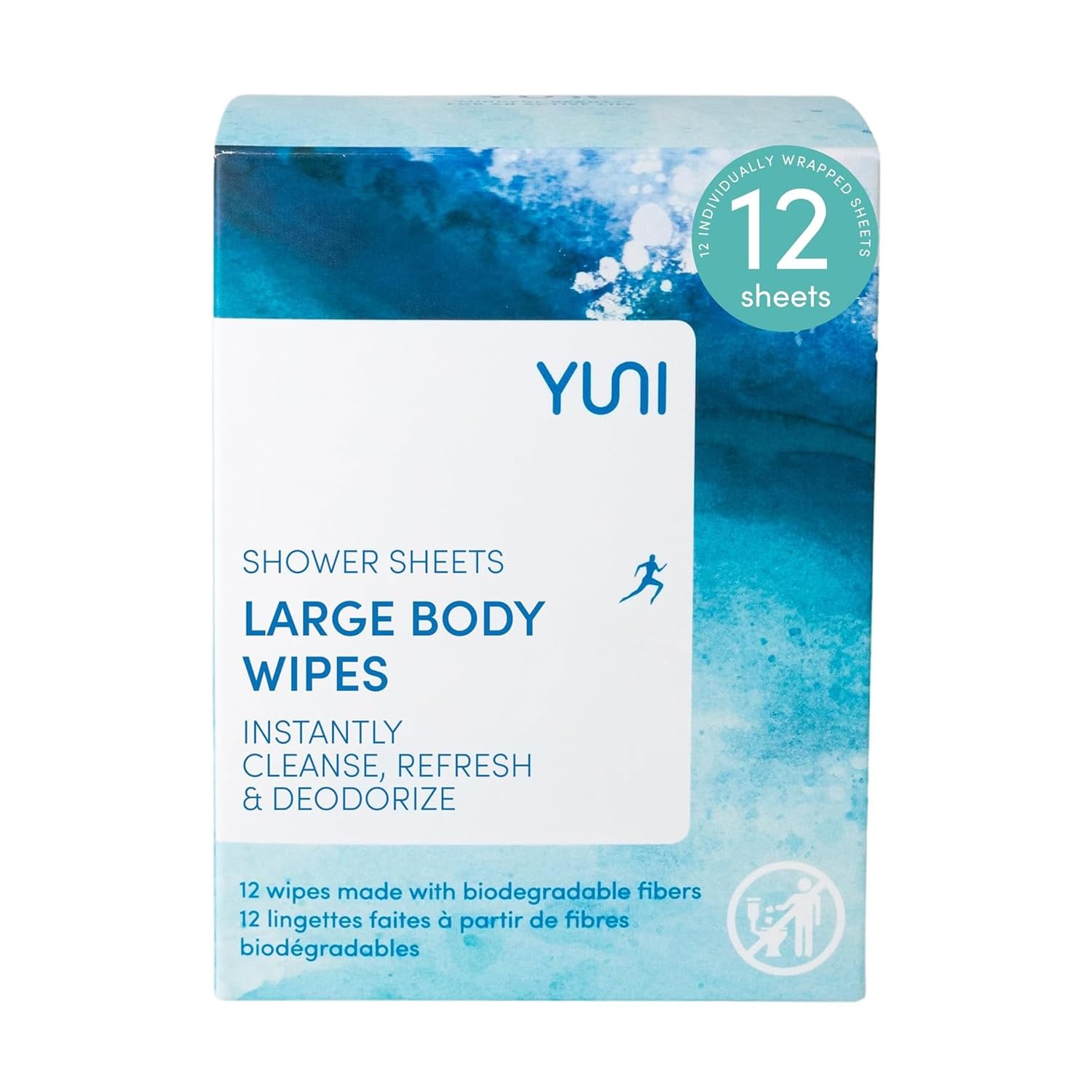 Lingettes corps grand format YUNI Beauty menthe citron pour rafraîchir rapidement.