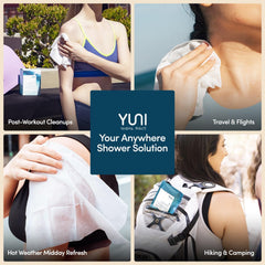 Lingettes biodégradables et compostables YUNI Beauty pour douche nomade.