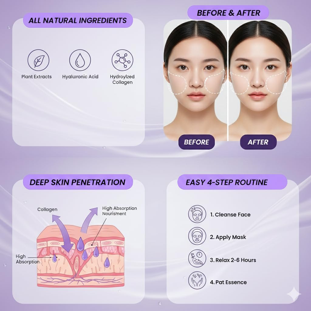 Yura Clean Masque Collagène Visage — avant/après promettent peau lumineuse et uniforme.