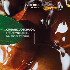 Organic jojoba oil detail highlights nourishment for dry, tired strands.