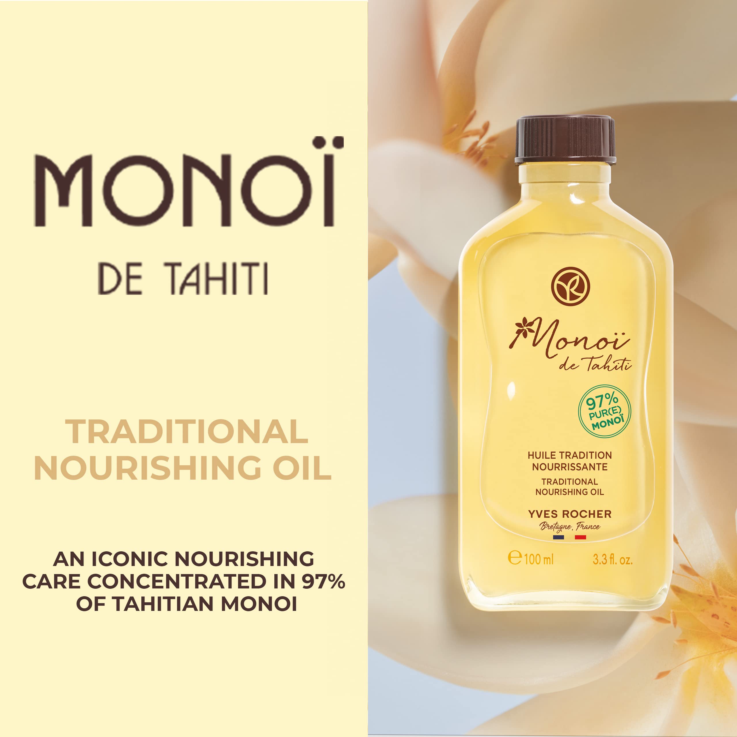 L'huile Monoï Tahiti d'Yves Rocher pénètre rapidement pour une peau douce.