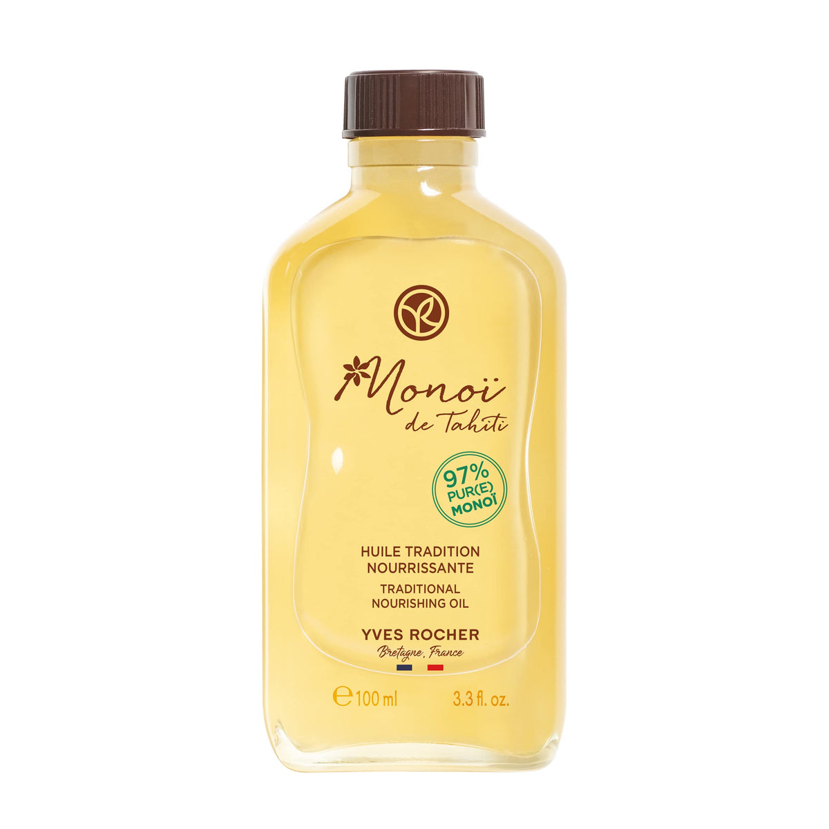 Bouteille Yves Rocher Monoï Tahiti prête à hydrater corps et cheveux.