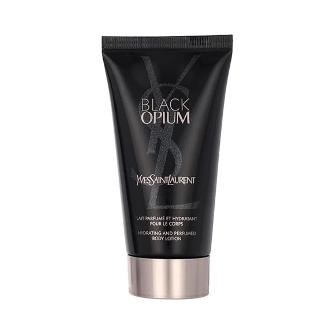 Flacon YSL Black Opium : fluide hydratant scintillant pour le corps, hydratation légère et éclat subtil.