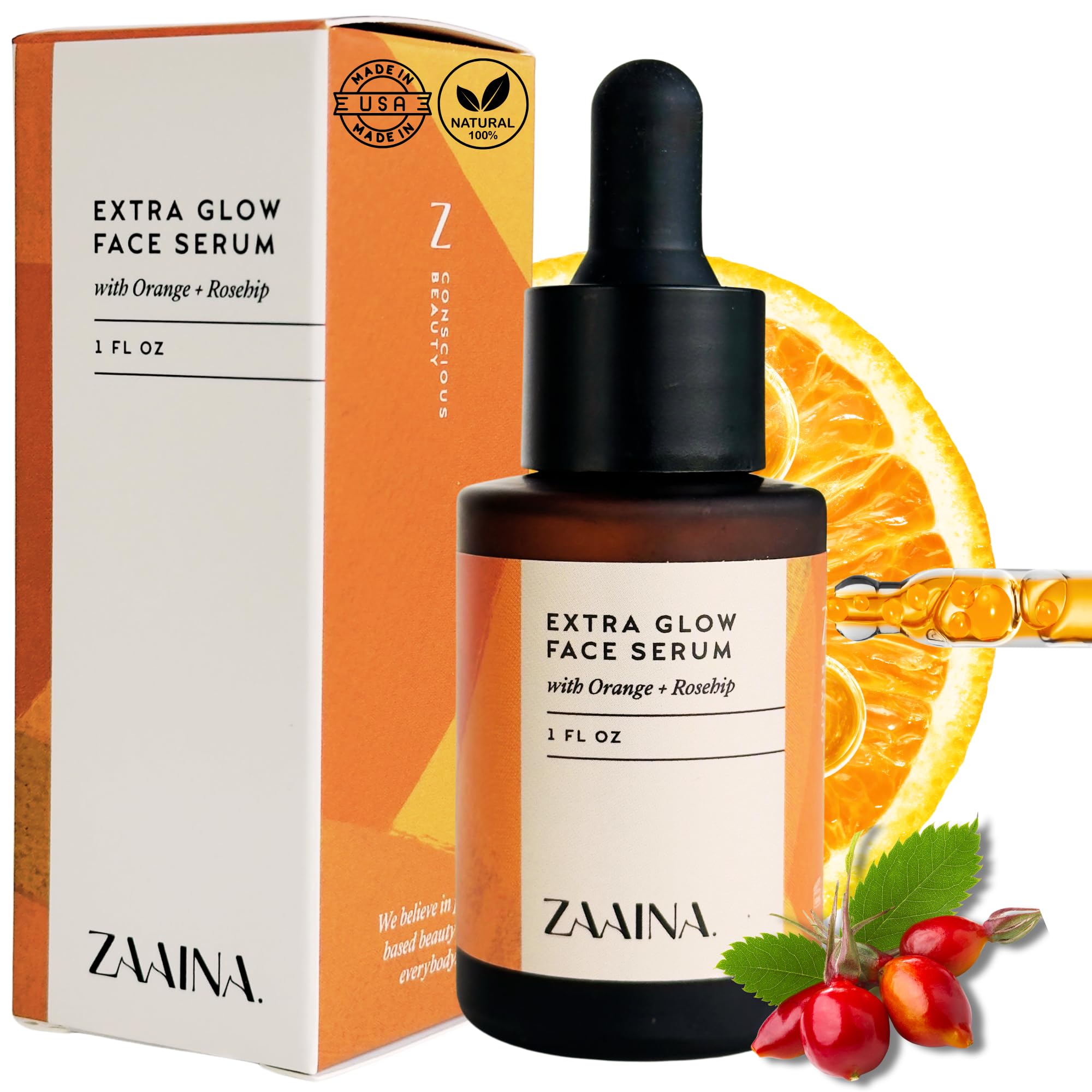 Bouteille ZAAINA Extra Glow Serum avec étiquette élégante pour hydratation légère et éclat naturel.