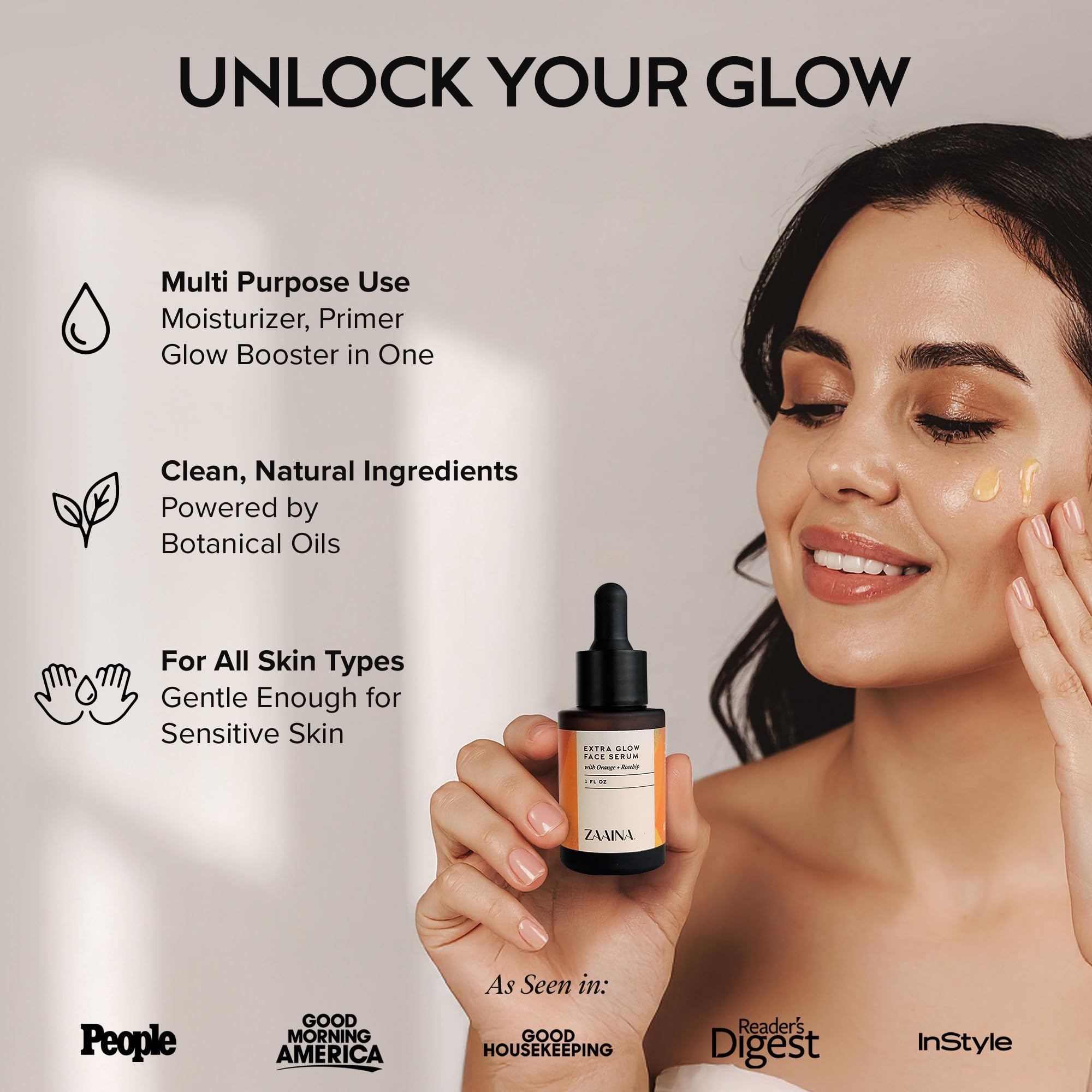 Gouttes ZAAINA Extra Glow Serum démontrant une application rapide sans fini gras.
