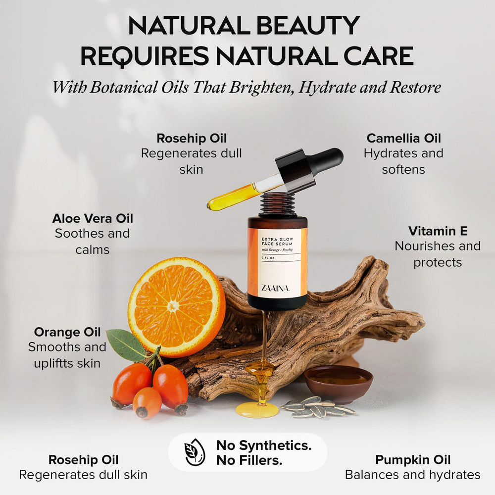 ZAAINA Extra Glow Serum: huiles végétales de rose musquée et citrouille pour nourrir la peau.
