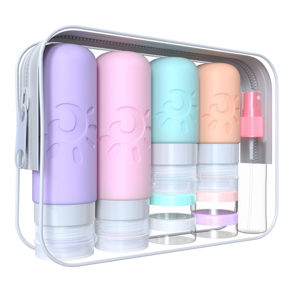 Bouteilles de voyage Zafit en silicone étanches idéales pour shampoing et après-shampoing.