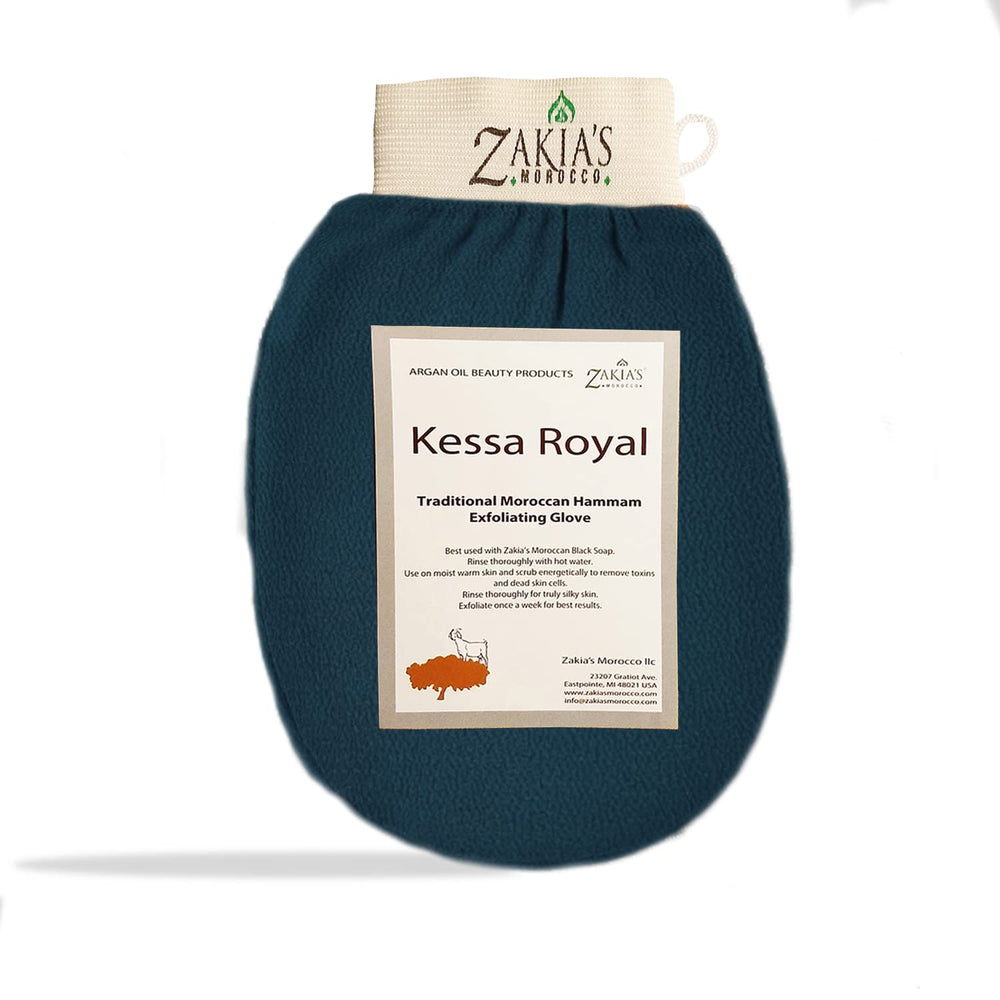 Gant Kessa Zakia's Morocco bleu rugueux pour exfolier naturellement la peau.