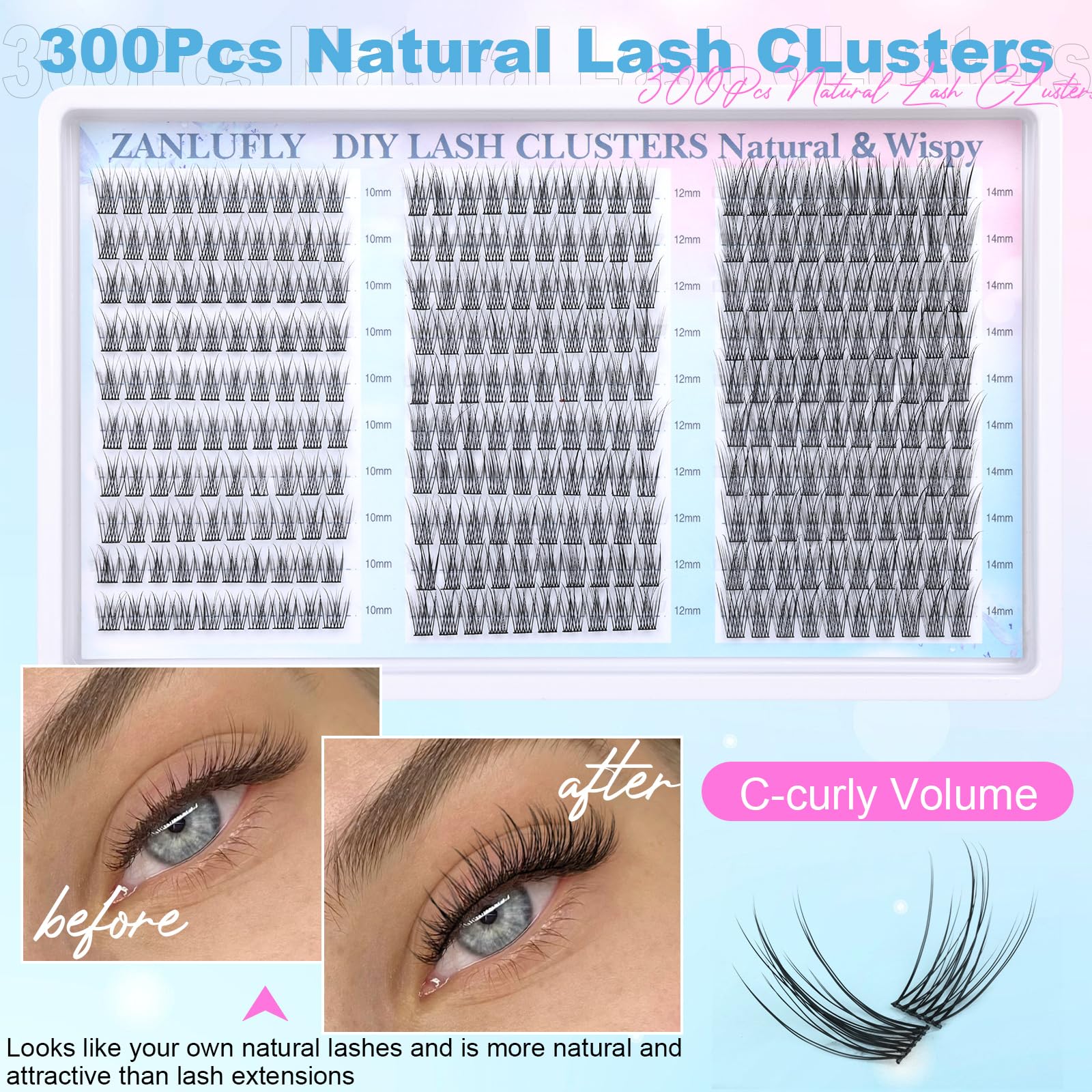 Cils Zanlufly amas c-curly léger et naturel pour quotidien