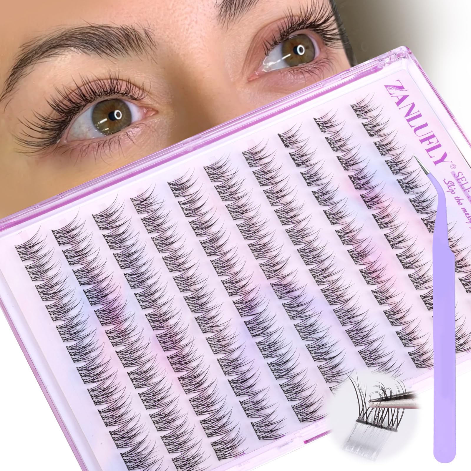 Cils auto-adhésifs Zanlufly 10–12 mm, effet plume naturelle pour un regard dynamique.