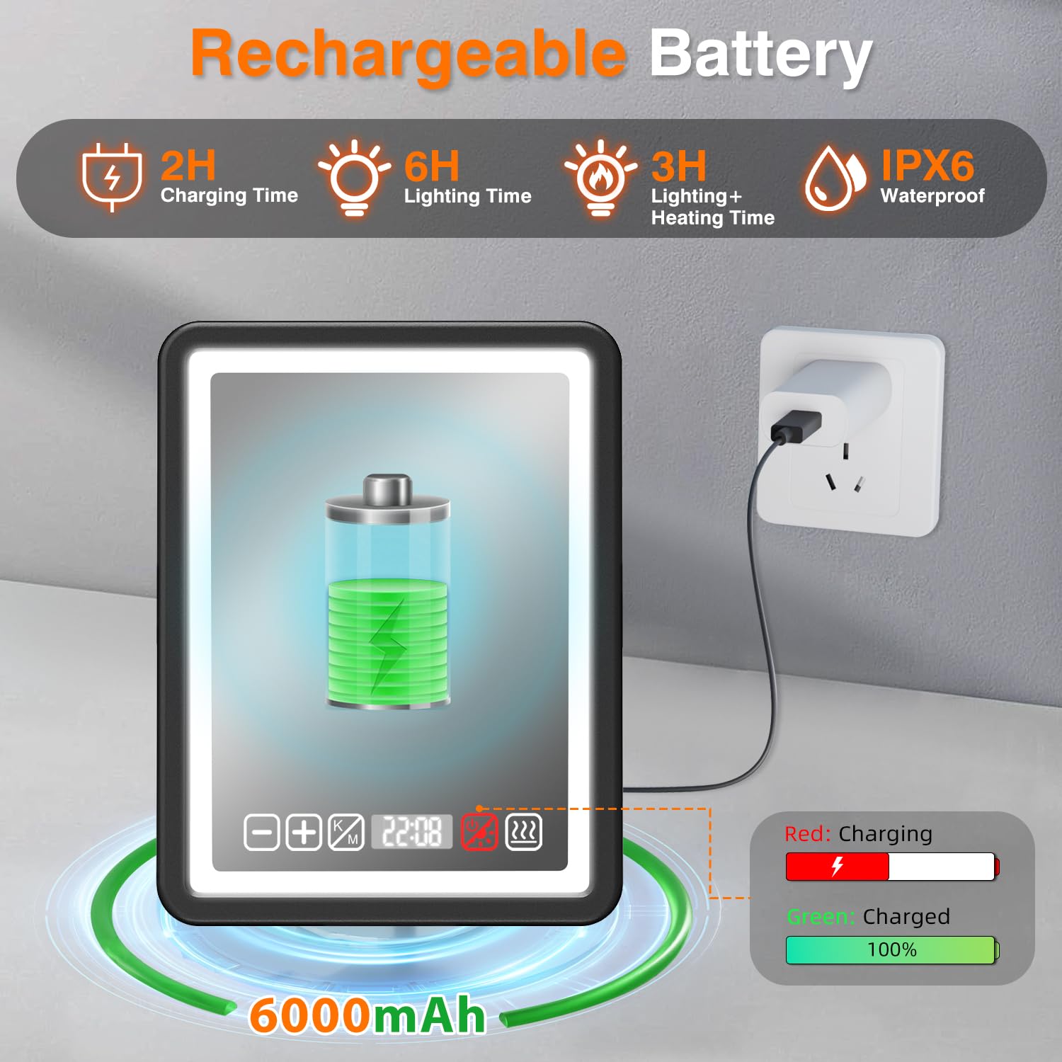 Batterie rechargeable 6000 mAh IPX6 miroir ZDXBO pratique