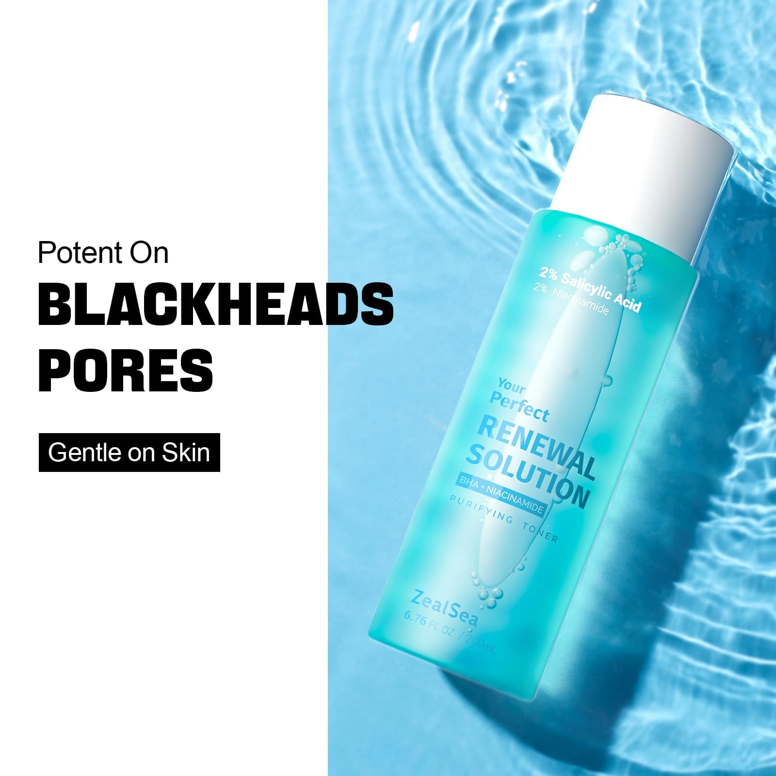 ZealSea Toner usage quotidien, flacon visible, facilite une application douce et rafraîchissante.