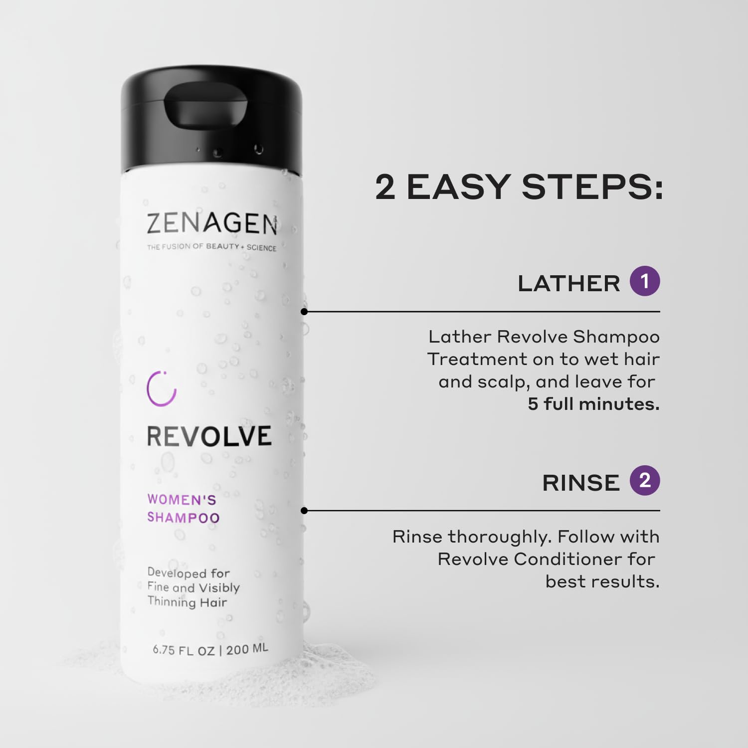 Zenagen Revolve Bouteille Shampoing format pratique pour usage quotidien.
