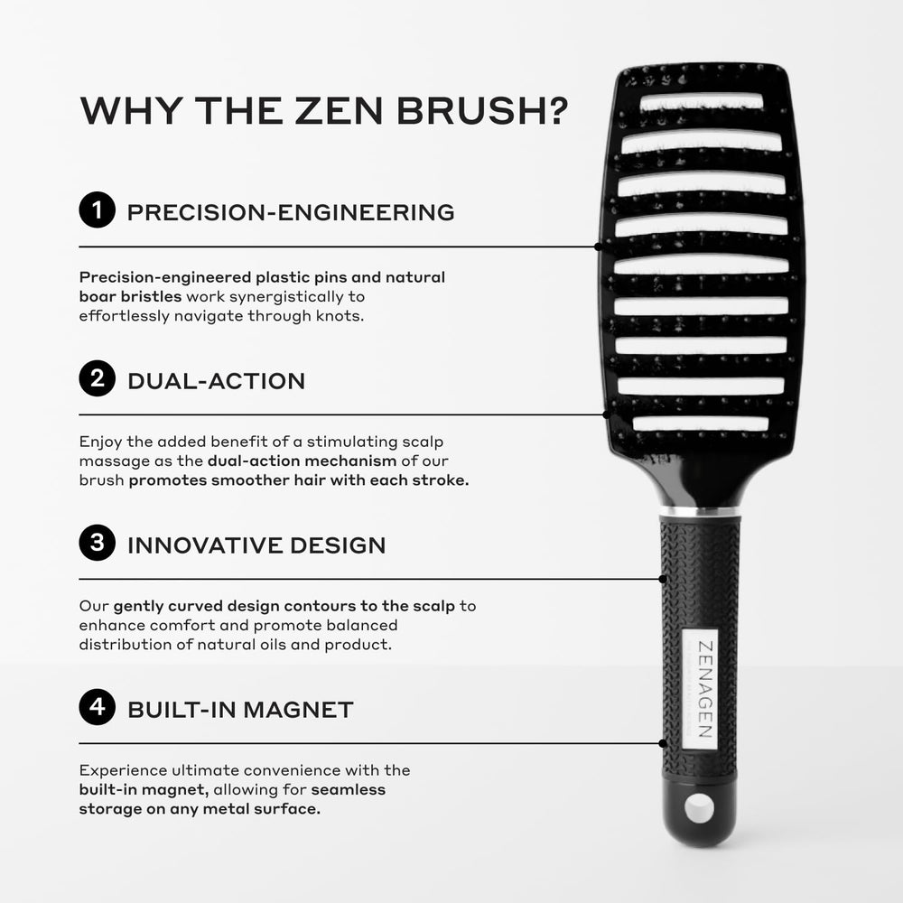 Zenagen Zen Brush noir, utilisation quotidienne adaptée à tous les cheveux.