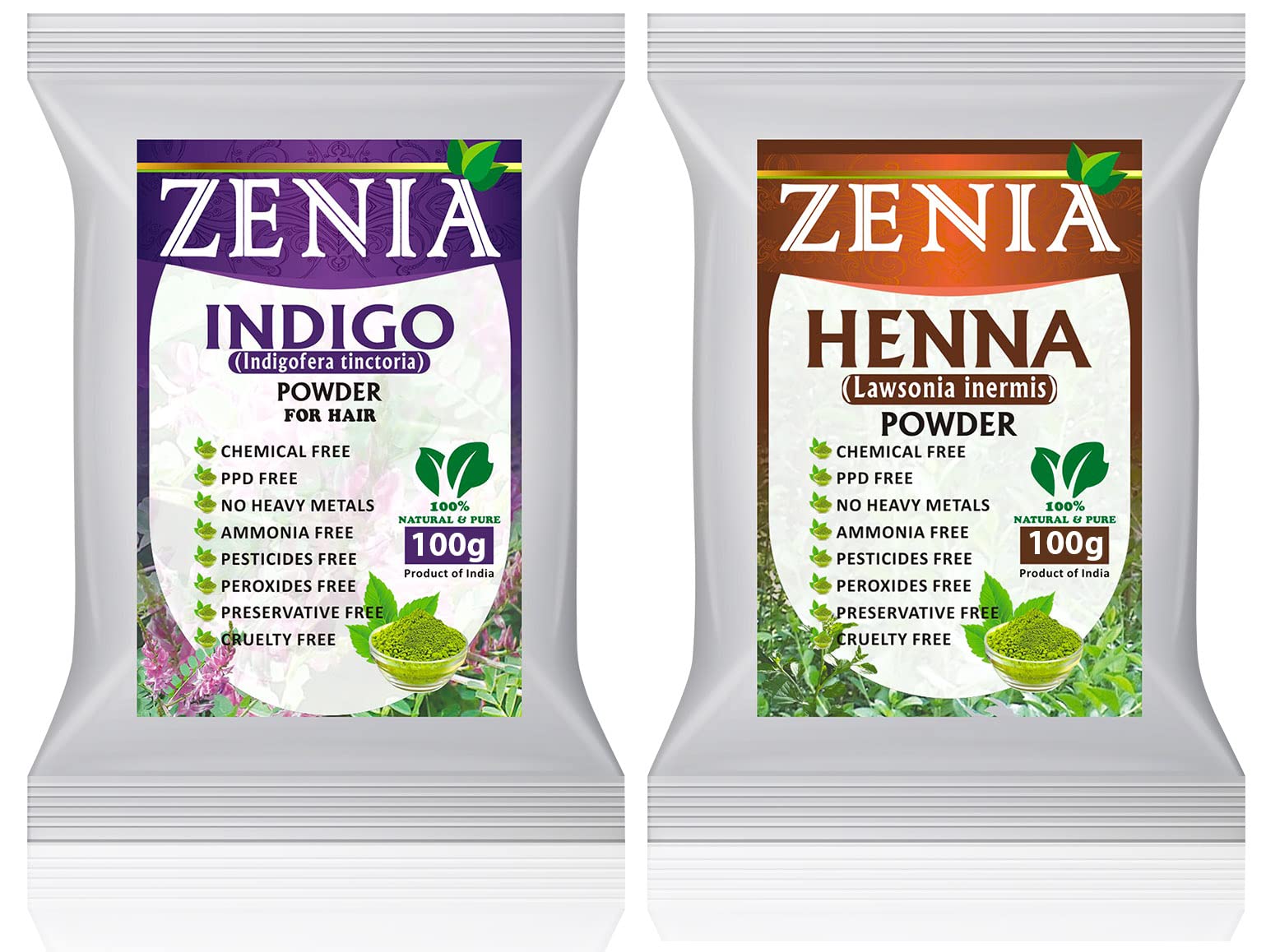 Emballage de l'ensemble Zenia Henna Indigo pour coloration à domicile.