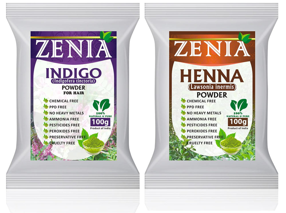 Emballage de l'ensemble Zenia Henna Indigo pour coloration à domicile.