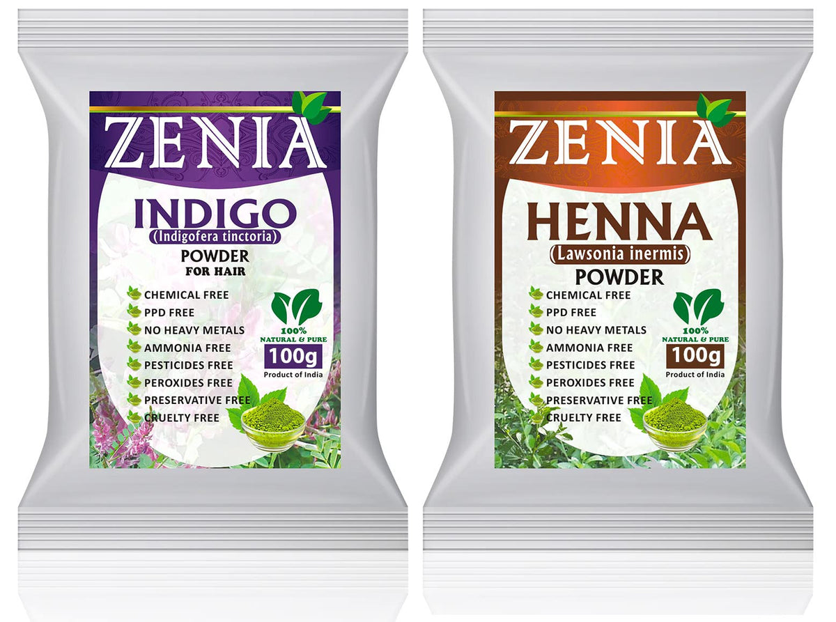 Emballage de l'ensemble Zenia Henna Indigo pour coloration à domicile.