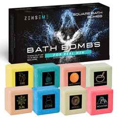 Bombe de bain ZenseMe carrée pour homme, favorise relaxation et peau nourrie.