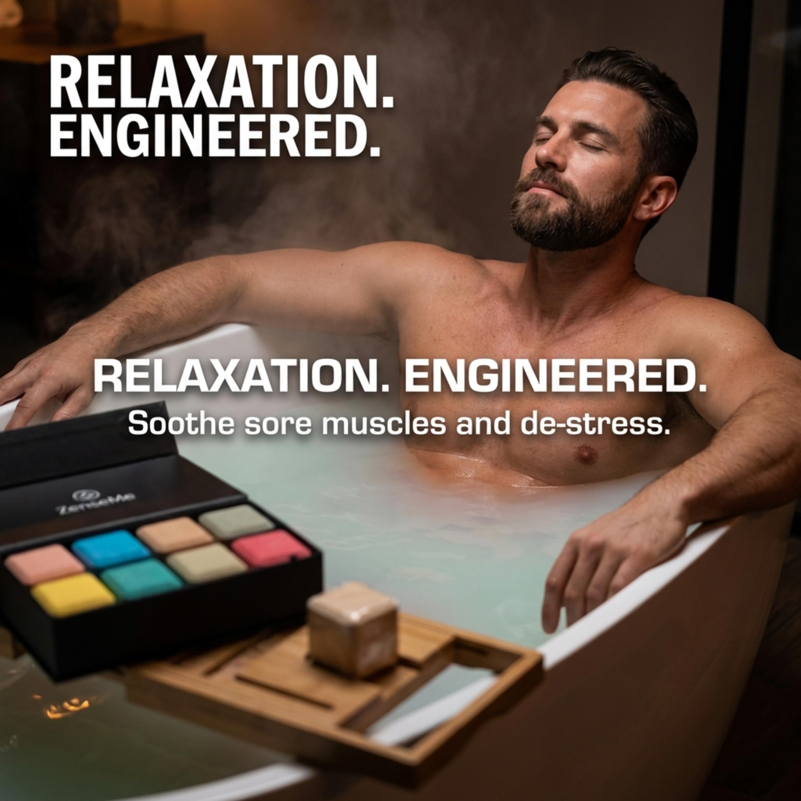 Coffret ZenseMe 8 bombes, cadeau masculin élégant et spa à domicile.