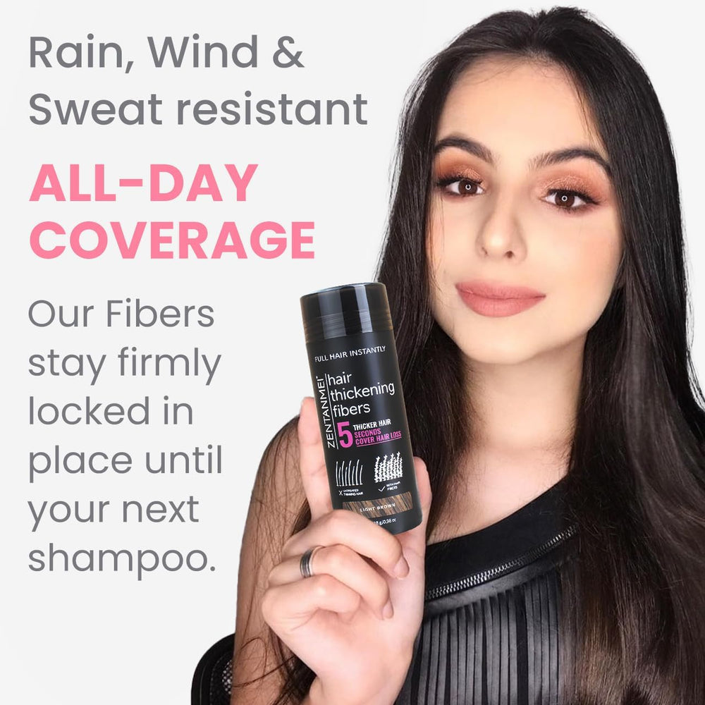 Application des fibres Zentanmei sur zones clairsemées pour cheveux plus épais.