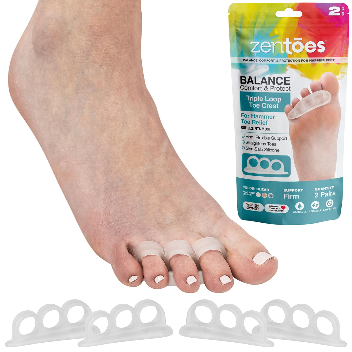 ZenToes Correcteur d'orteil marteau en gel avec boucles extensibles pour maintien confortable.