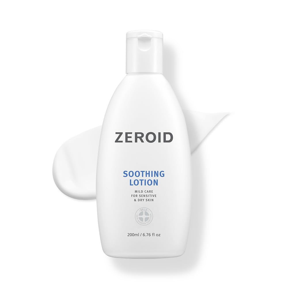 ZEROID Lait apaisant bouteille offre hydratation légère pour peau sensible et sèche.