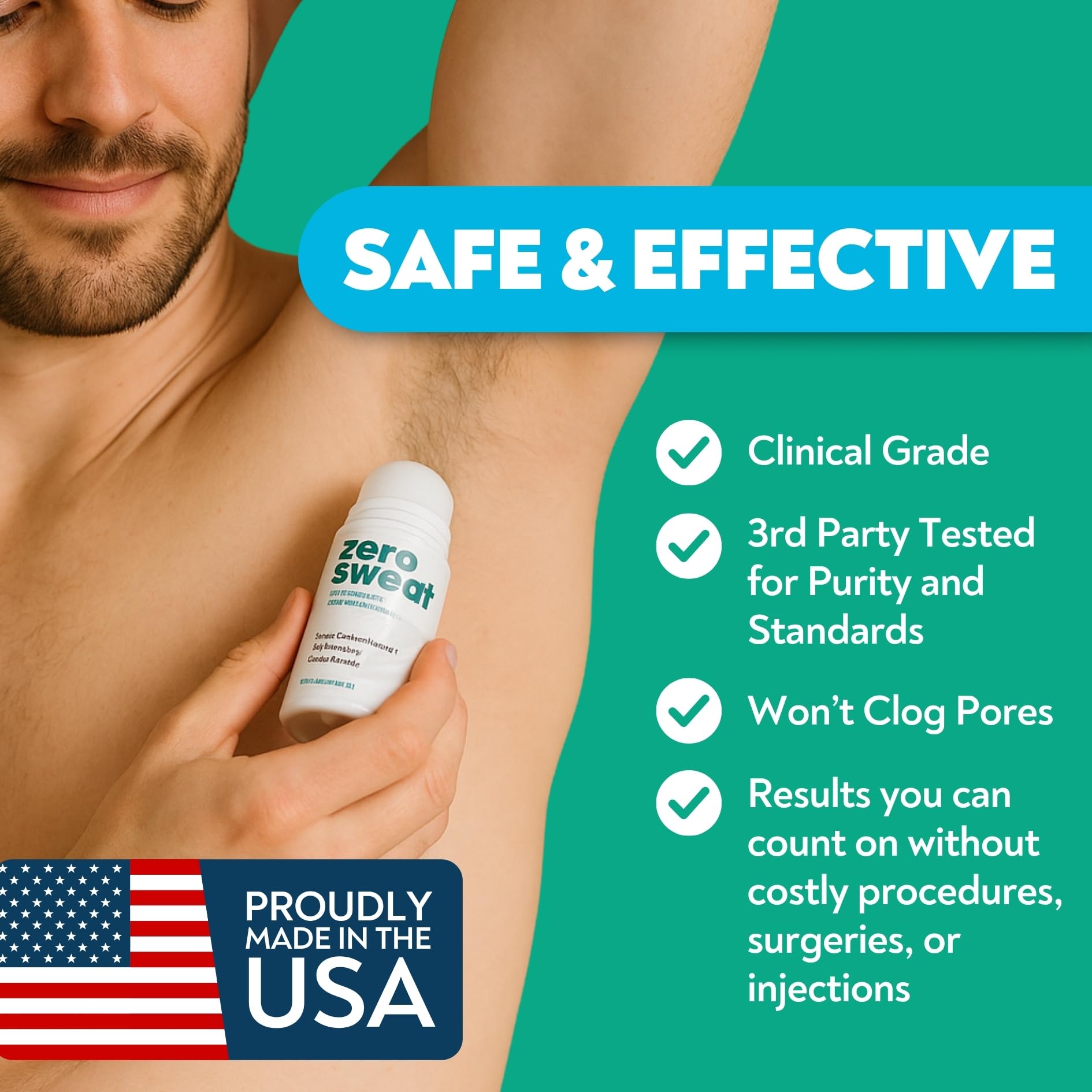 ZeroSweat Antiperspirant Déodorant, etiquette claire, utilisation simple et sans ordonnance.