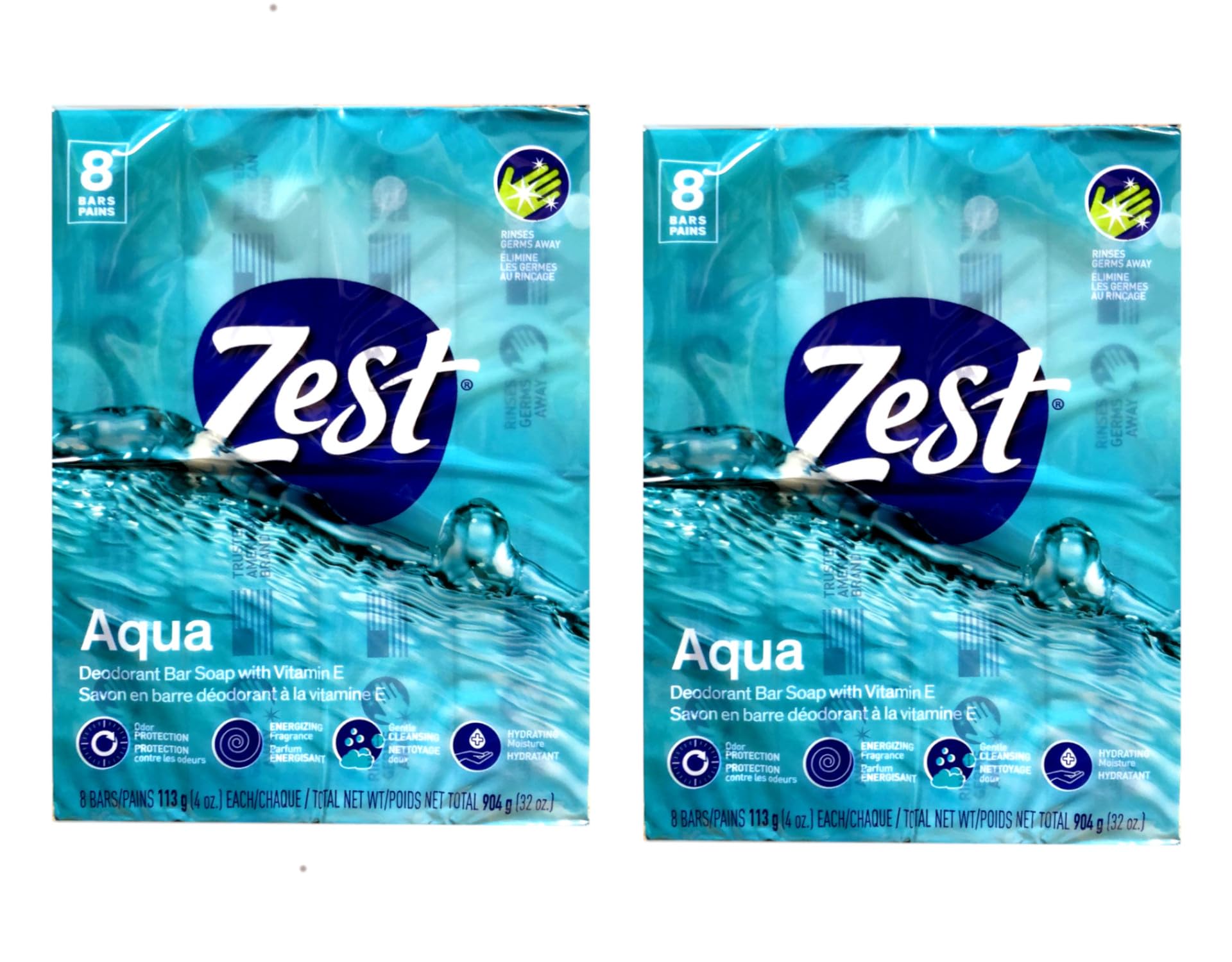 Savon Zest Aqua Bar, ensemble de 16 barres, mousse nette et parfum frais.