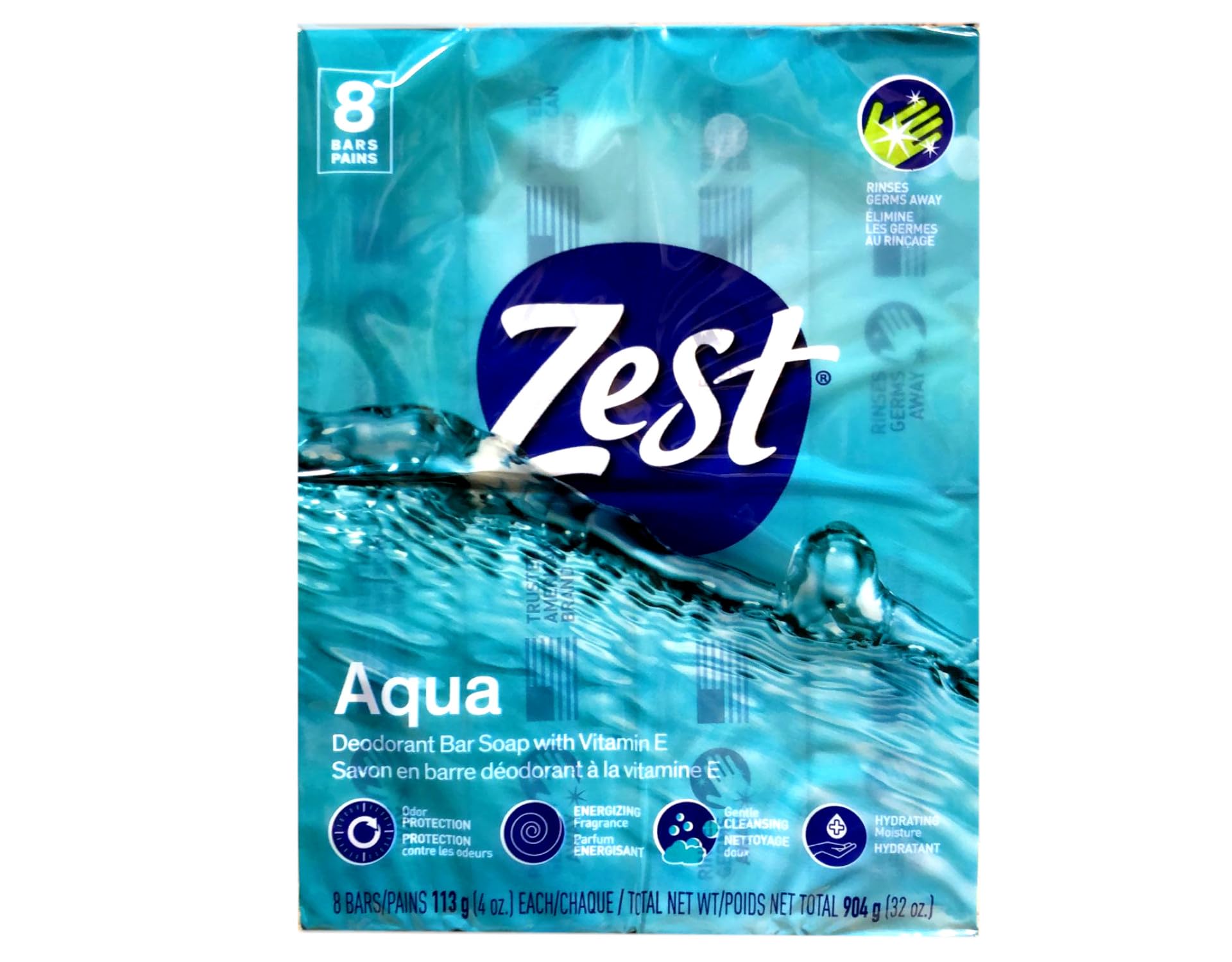 Savon Zest Aqua Bar, parfum frais et usage quotidien pour mains et corps.