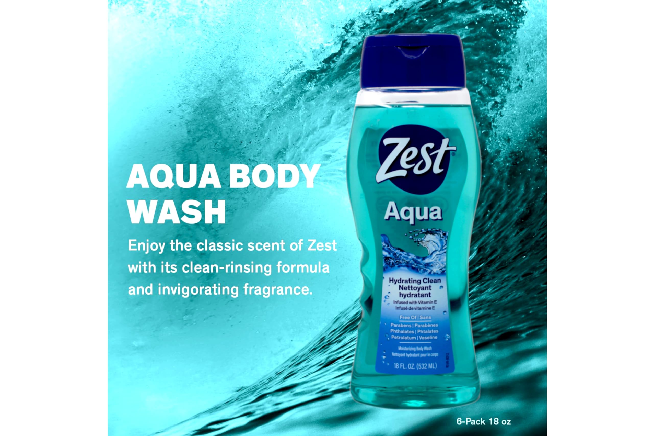 Zest Aqua : flacon 18oz facile à saisir pour une utilisation quotidienne.