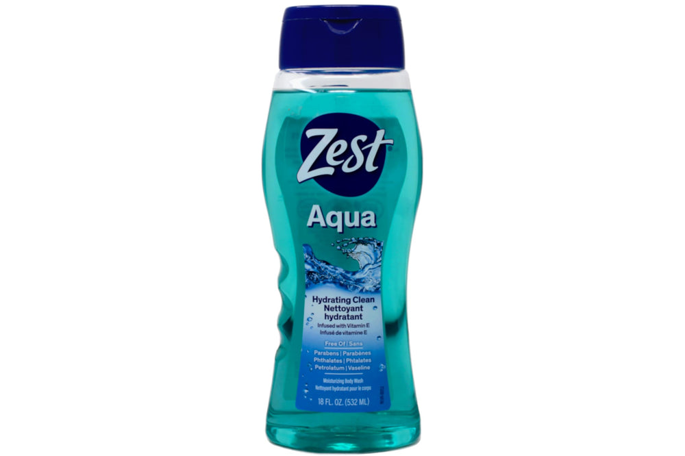 Zest Aqua Gel Douche bouteille ouverte révèle mousse généreuse pour nettoyage efficace.