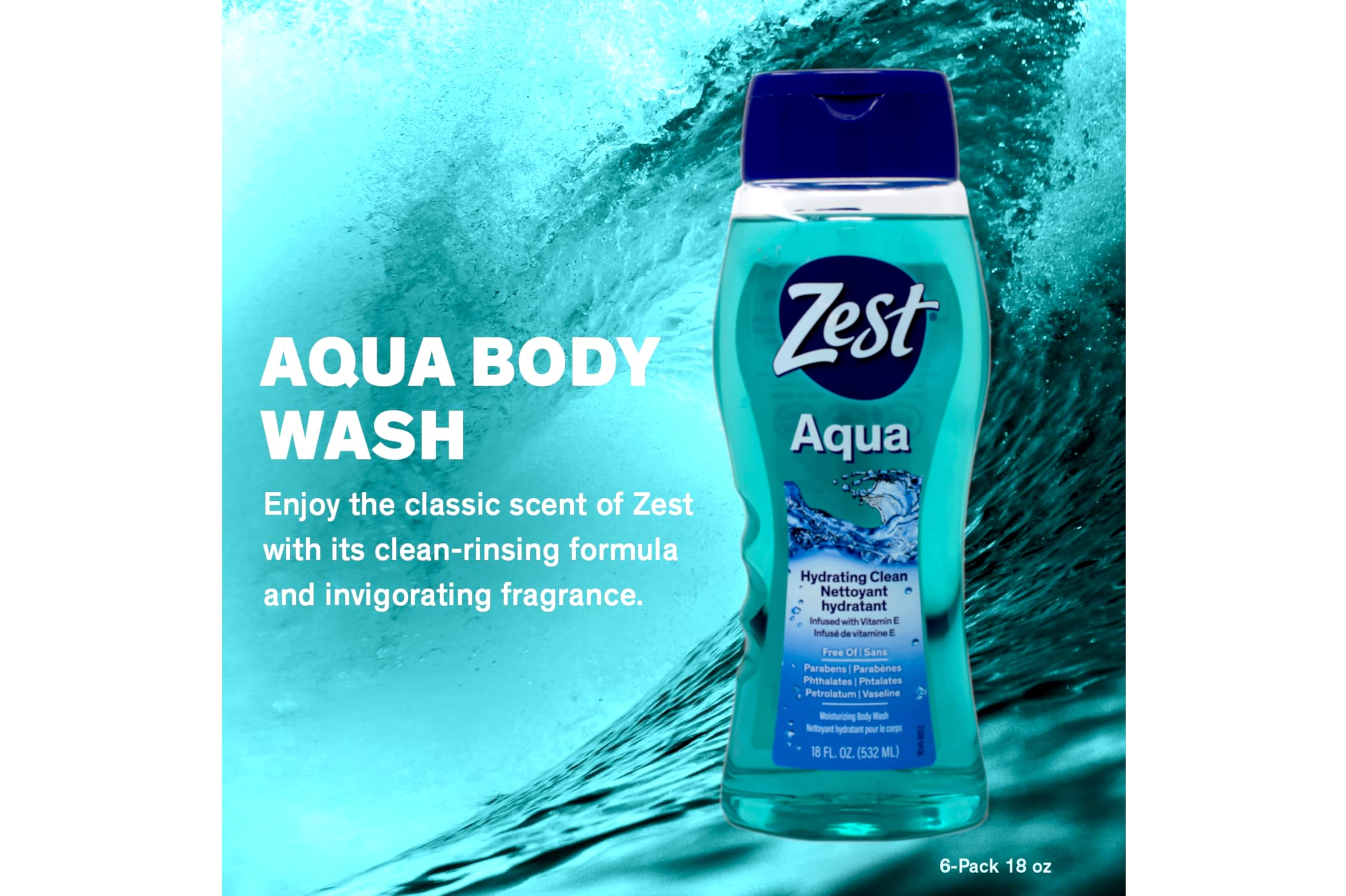 Zest Aqua Gel Douche étiquette met en avant l'emballage pratique.