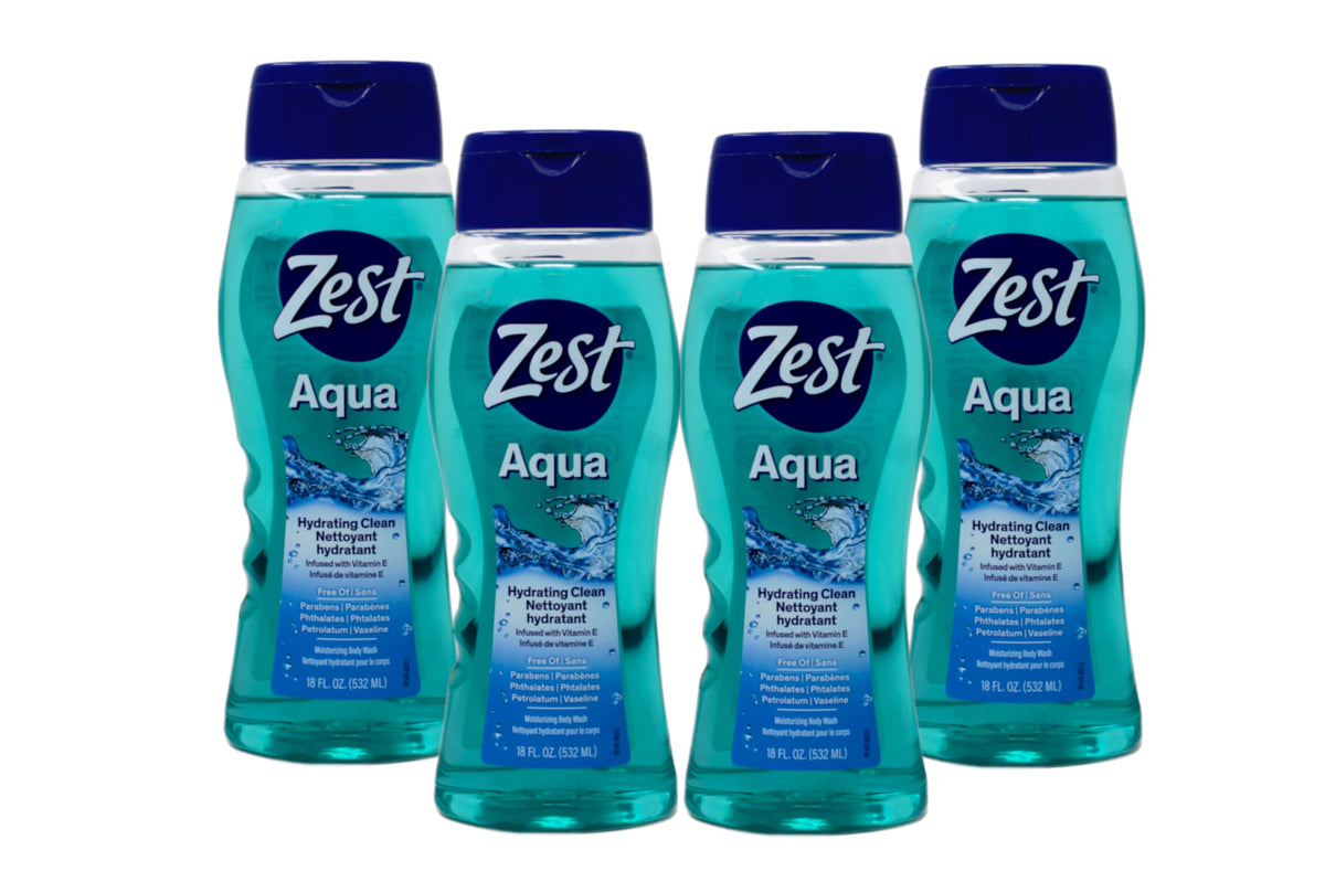 Zest Aqua Gel Douche lot de 4 bouteilles, hydratant et rafraîchissant.