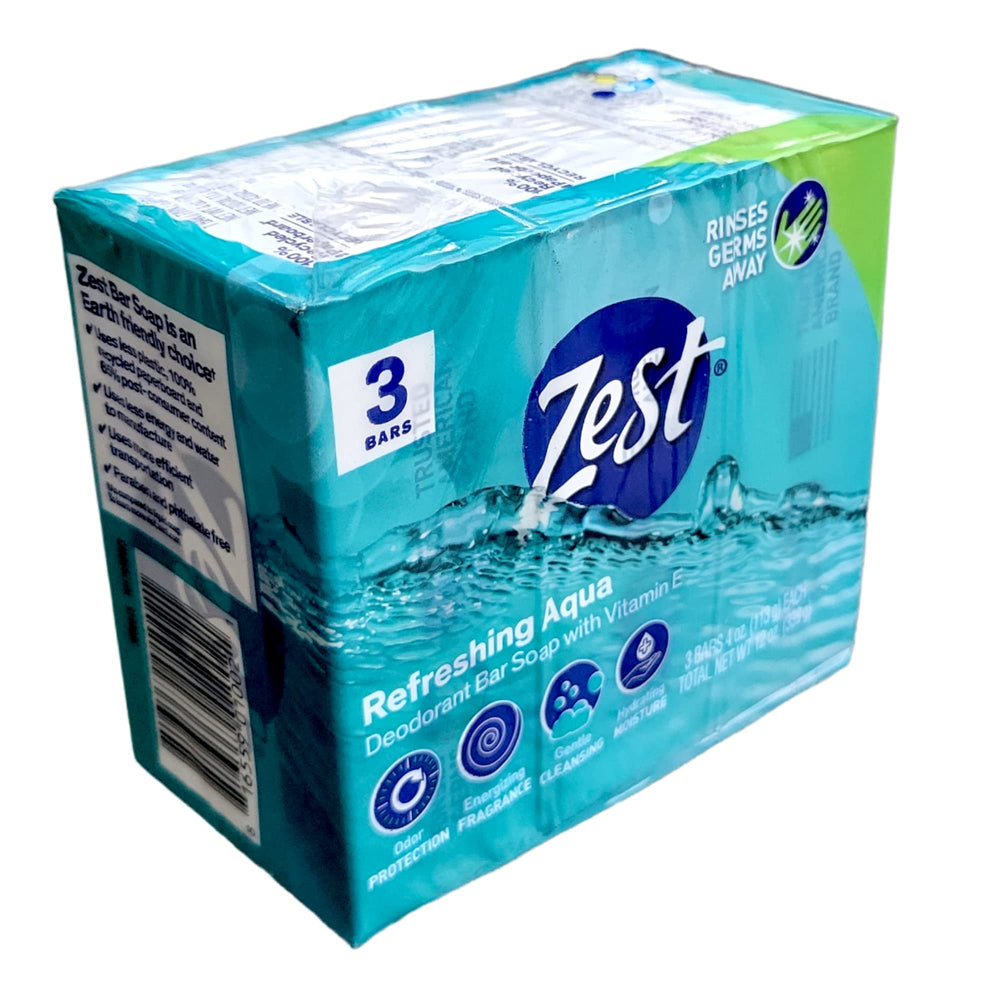 Zest barre savon déodorant Aqua avec vitamine E, fraîcheur durable.