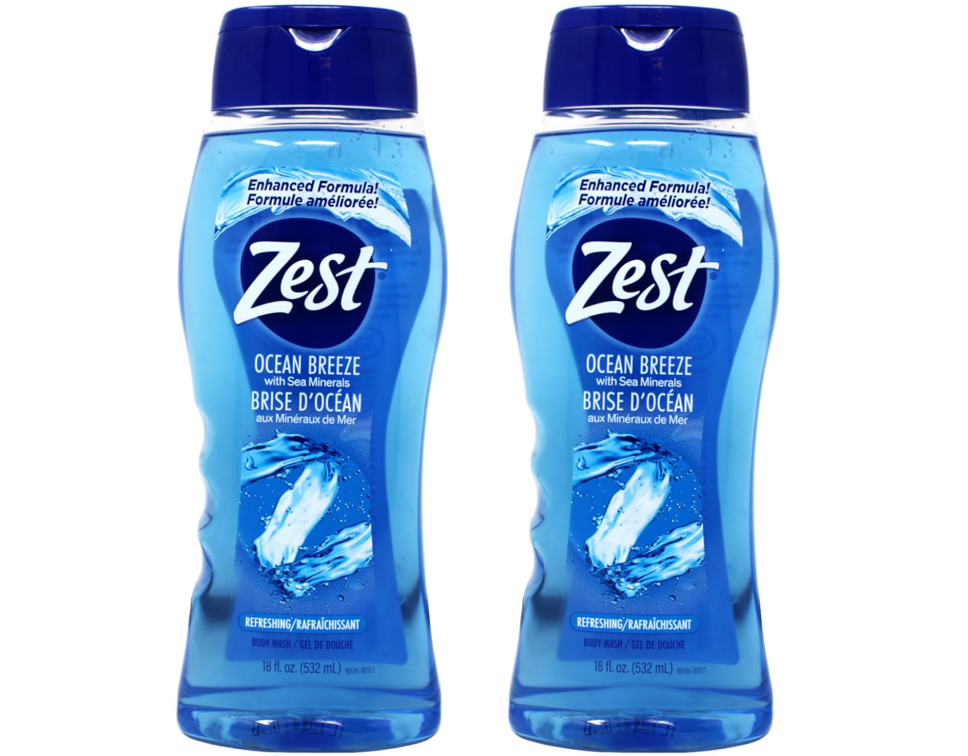 Gel douche Zest Ocean Breeze dans sa bouteille, rafraîchissant pour la douche quotidienne.