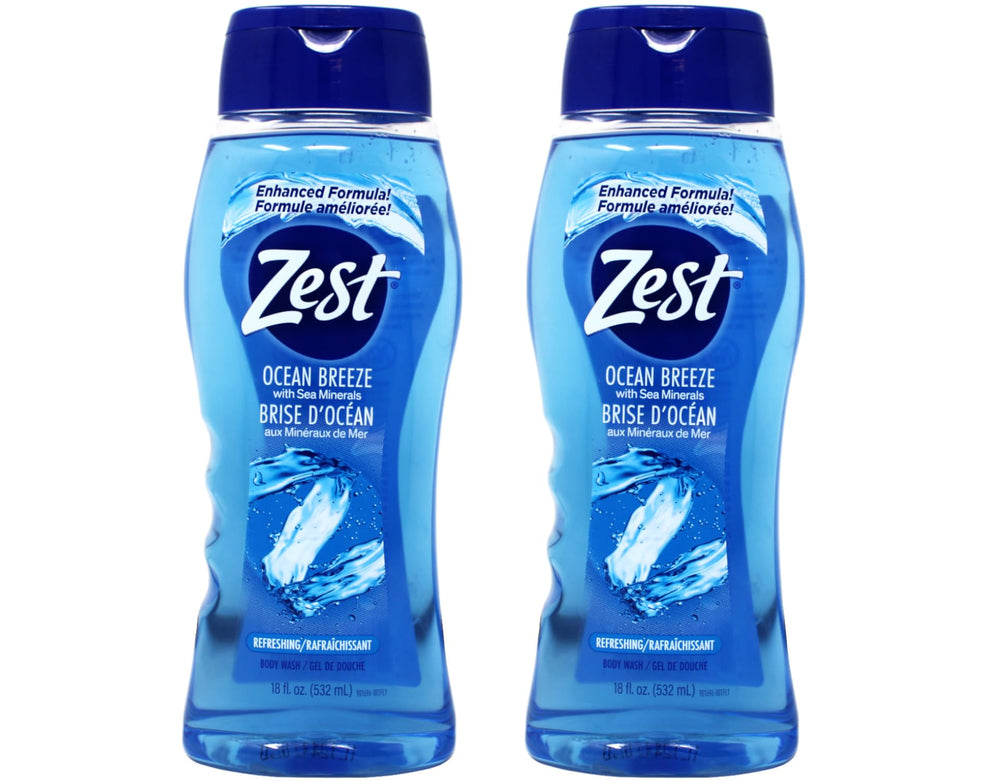 Gel douche Zest Ocean Breeze dans sa bouteille, rafraîchissant pour la douche quotidienne.