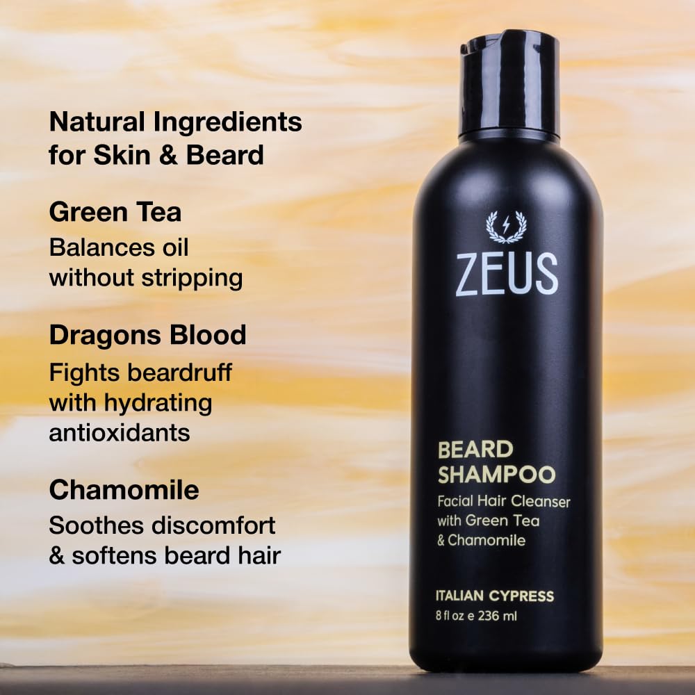 ZEUS Shampoing Barbe: mousse onctueuse qui purifie sans assécher la peau.