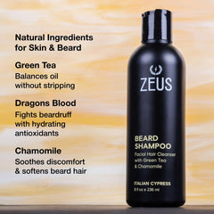 ZEUS Shampoing Barbe: mousse onctueuse qui purifie sans assécher la peau.
