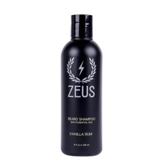 ZEUS Shampoing barbe en bouteille avec Vanille Rhum pour une fraîcheur durable.
