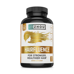 Zhou Hairfluence : bouteille de compléments biotine pour soutenir la croissance des cheveux.