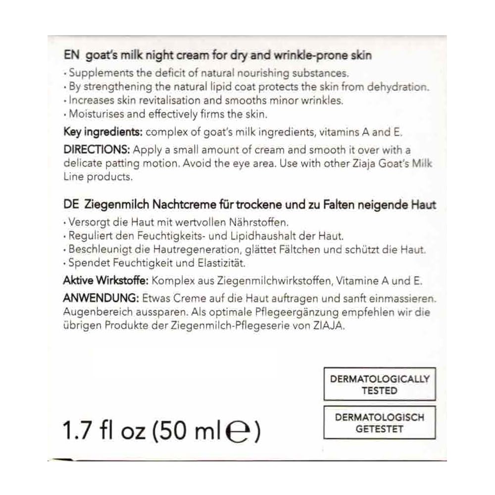Étiquette Crème Nuit Ziaja: lait de chèvre et complexes nourrissants.