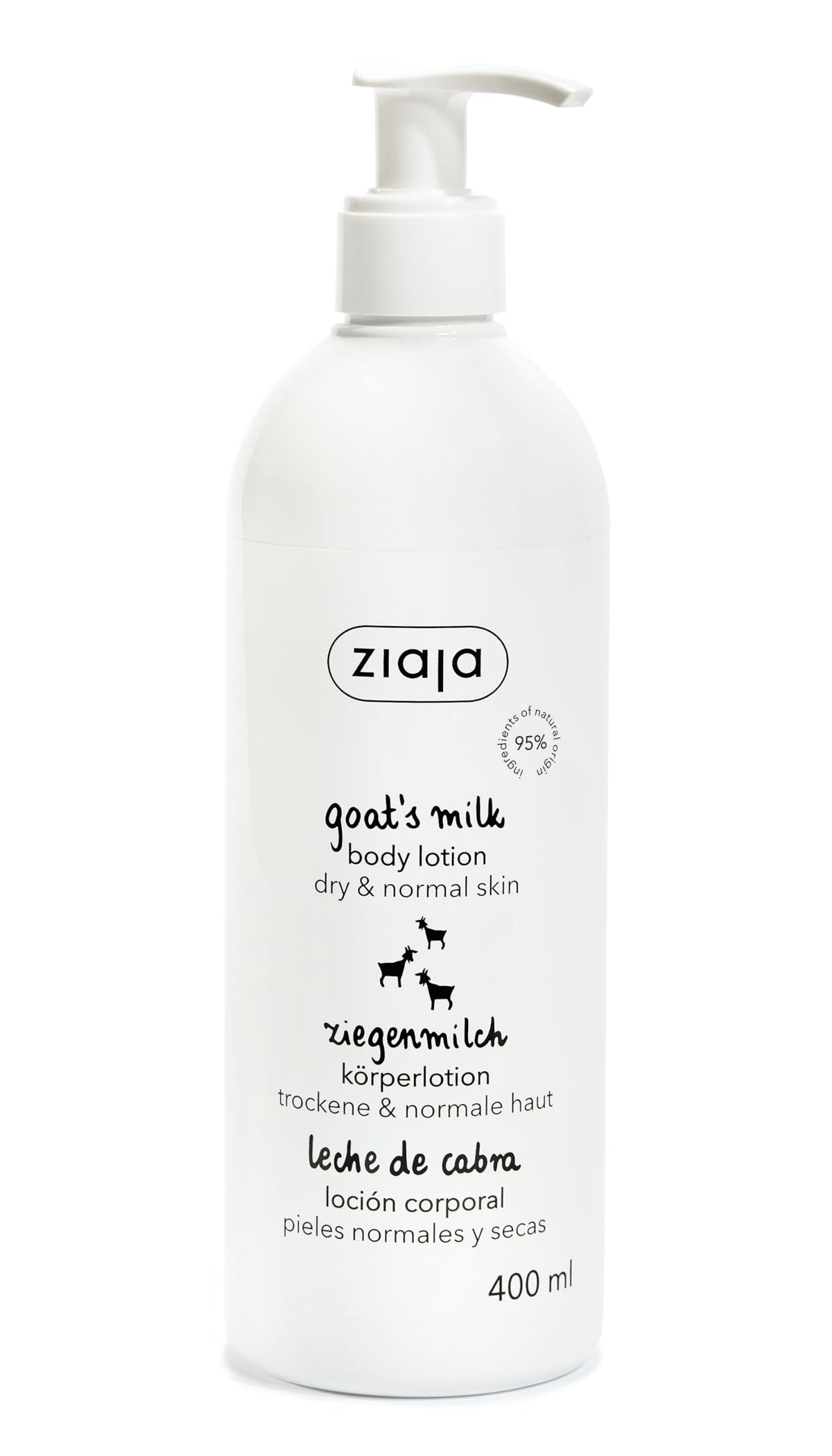Lait de chèvre Ziaja, bouteille du soin hydratant pour la peau.
